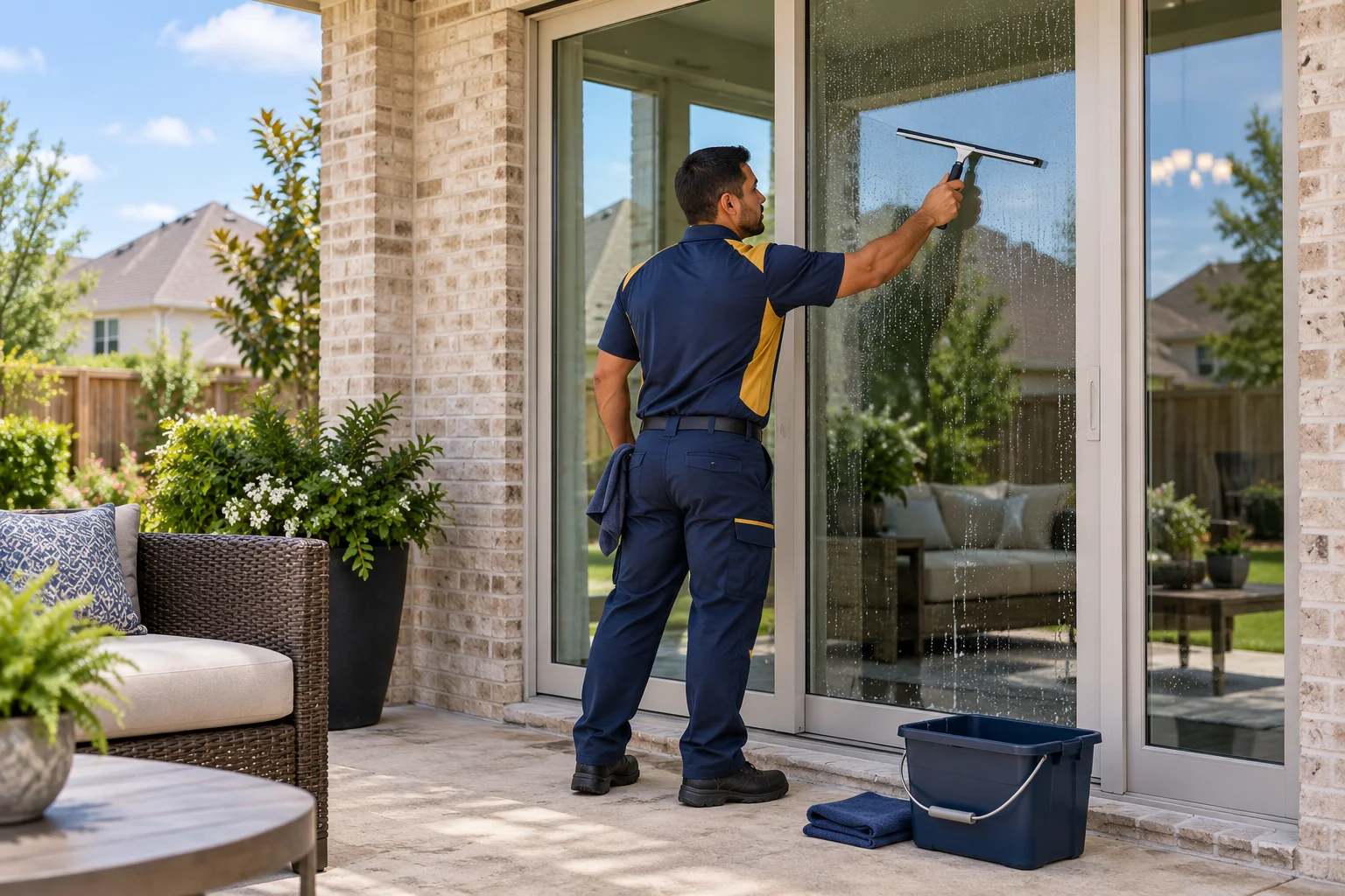 Window Cleaning & Home Services near me — uniformed technician cleaning patio door glass in Fort Bend County, TX