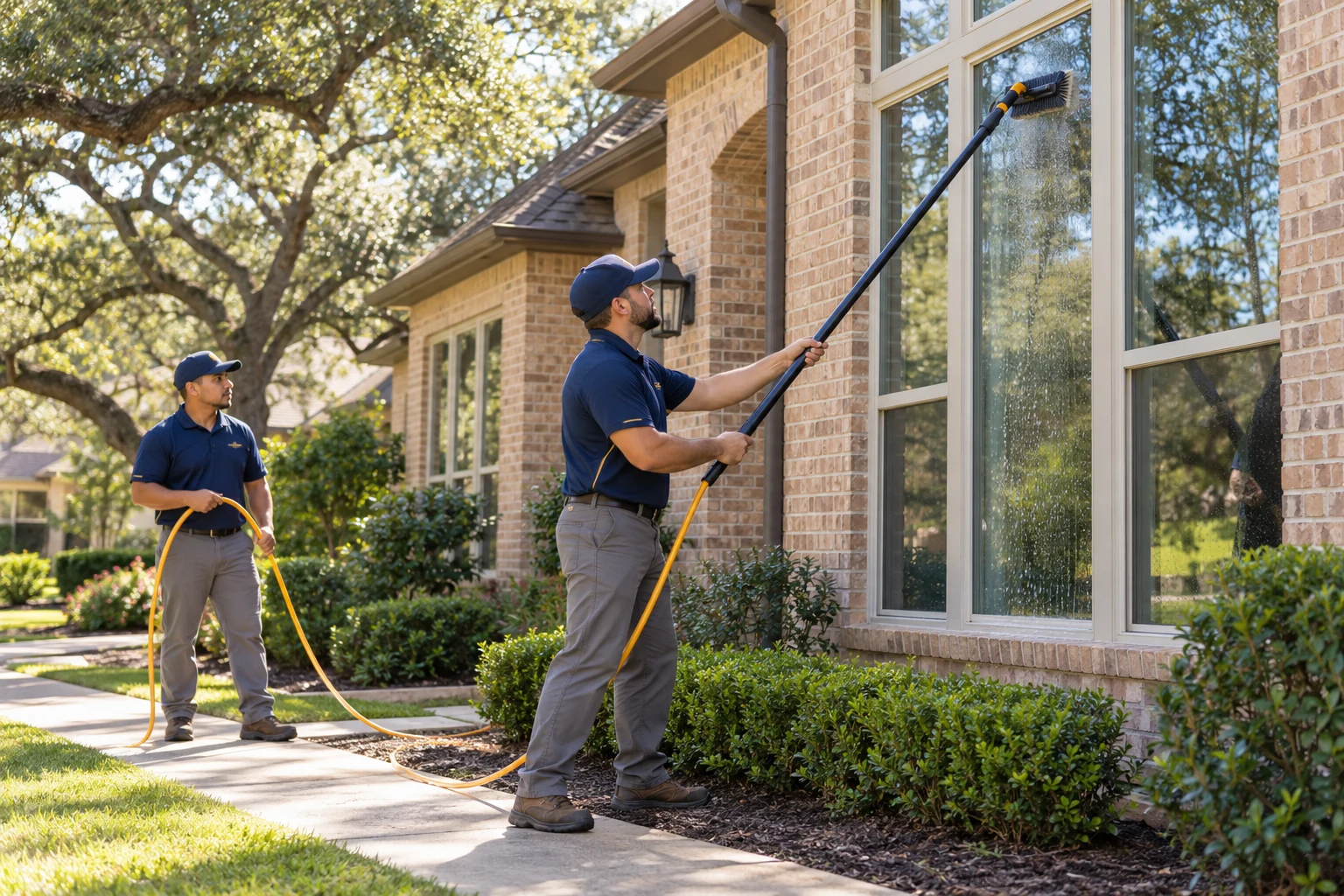 Window Cleaning & Home Services team cleaning exterior windows at a brick home in Harris County, TX