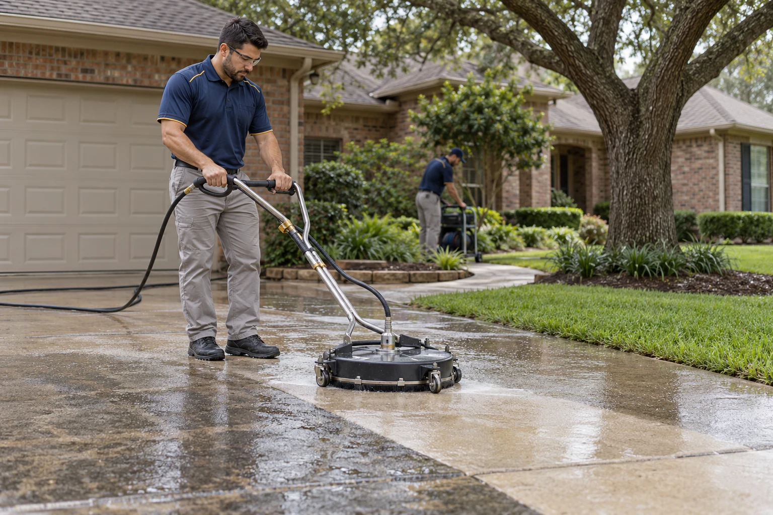 Window Cleaning & Home Services near me — uniformed technician cleaning a driveway in Harris County, TX