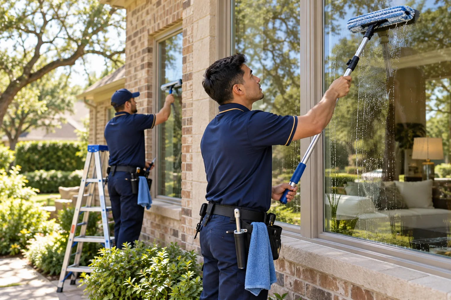 Window Cleaning & Home Services uniformed technician cleaning a living-room exterior window in Missouri City, TX