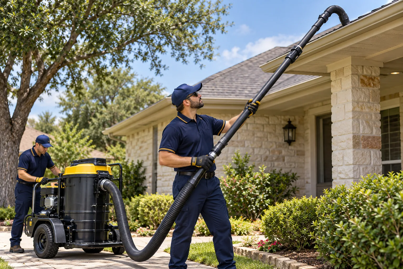 Window Cleaning & Home Services near me — uniformed technician cleaning gutters with a ground-based vacuum pole in Missouri City, TX