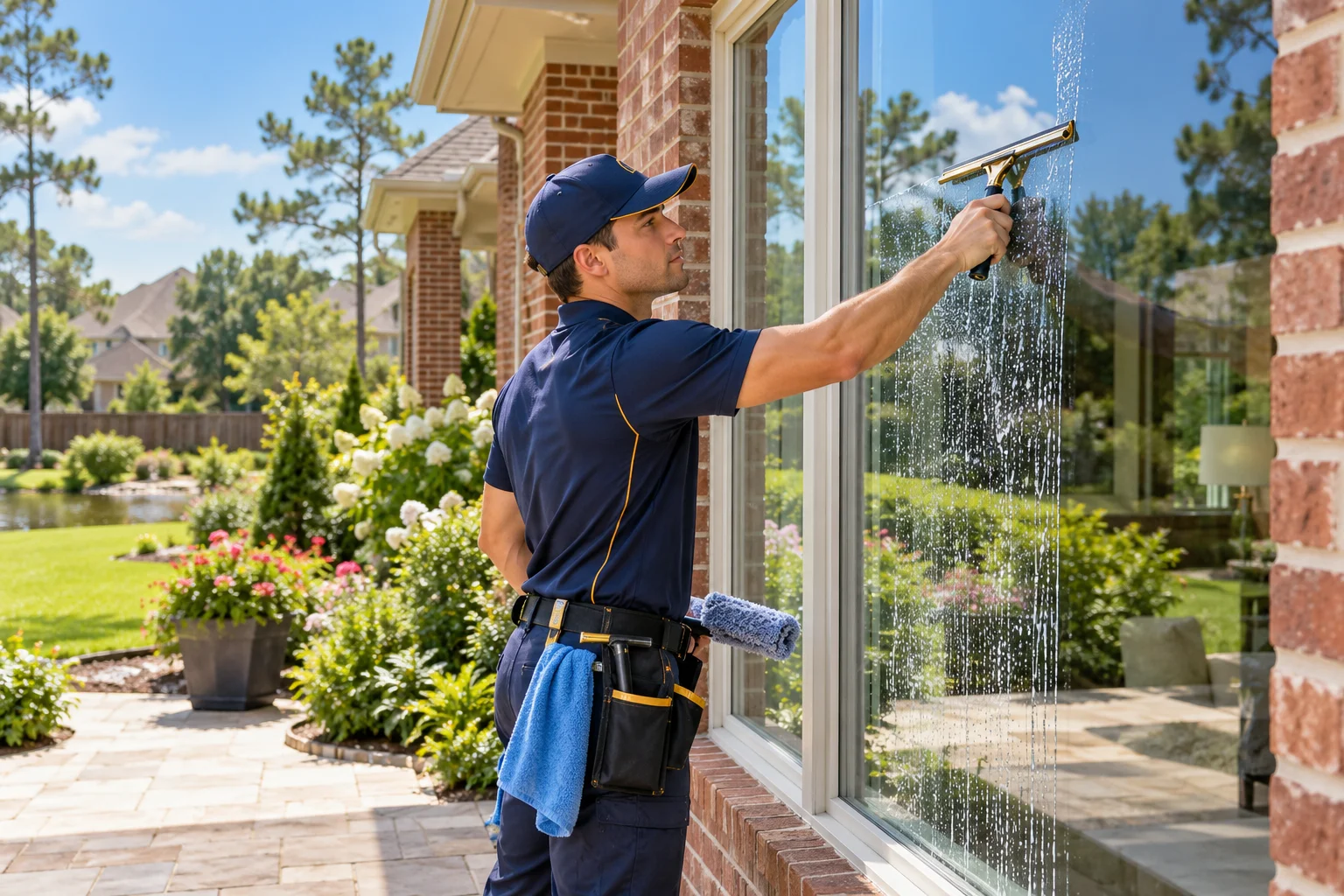 Window Cleaning & Home Services uniformed technician cleaning a patio window in Cypress, TX