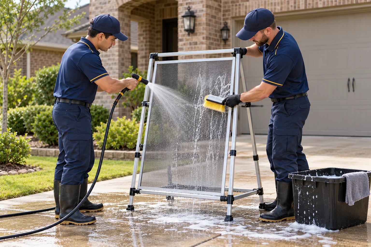 Window Cleaning & Home Services near me — uniformed technicians washing a removable window screen in Cypress, TX
