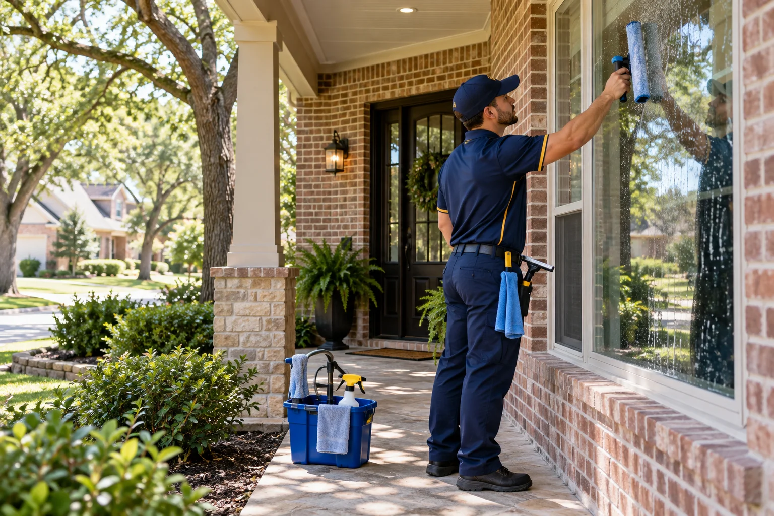 Window Cleaning & Home Services uniformed technician cleaning glass beside a shaded porch in Humble, TX