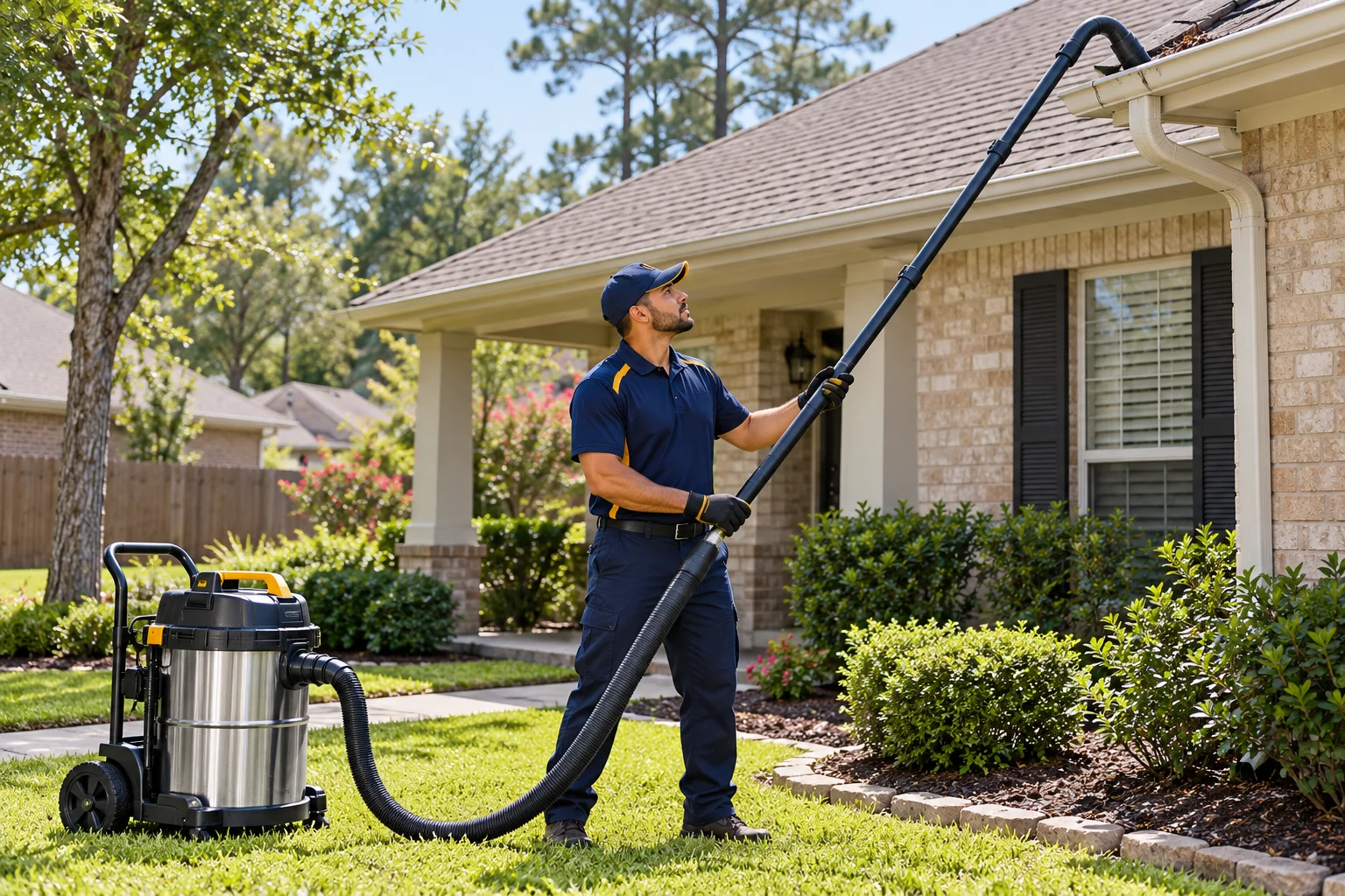Window Cleaning & Home Services near me — uniformed technician cleaning gutters with a vacuum pole in Humble, TX