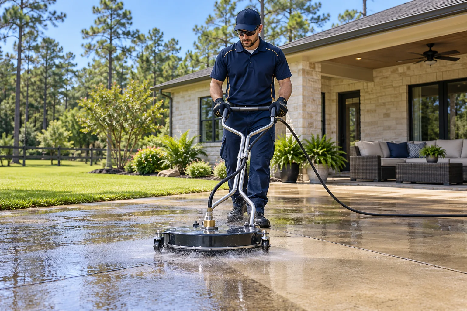 Technician cleaning a concrete patio with a circular surface cleaner — Power Washing in Magnolia, TX