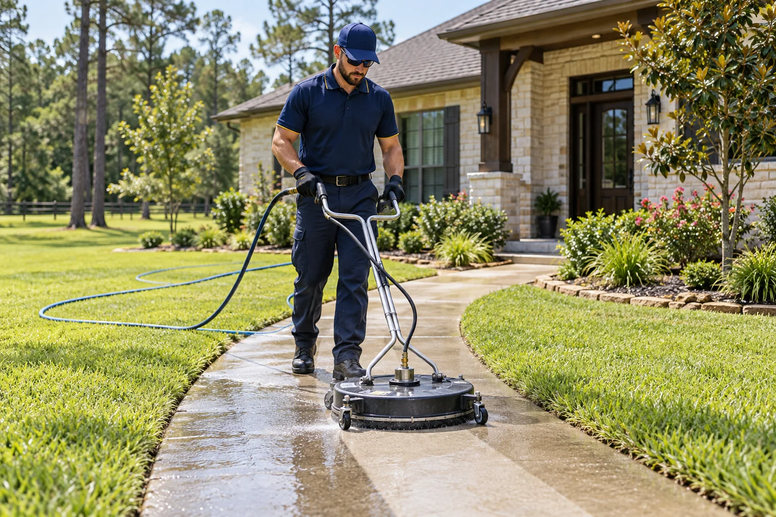 Technician cleaning a concrete path with a circular surface cleaner — Power Washing near me in Magnolia, TX
