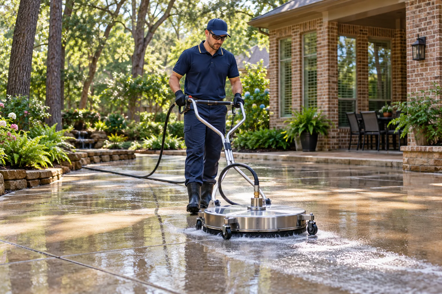 Technician cleaning a concrete patio with a circular surface cleaner — Power Washing in The Woodlands, TX