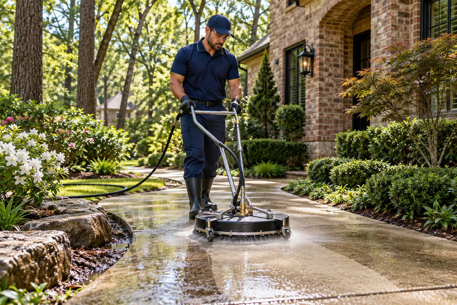Technician cleaning a concrete path with a circular surface cleaner — Power Washing near me in The Woodlands, TX