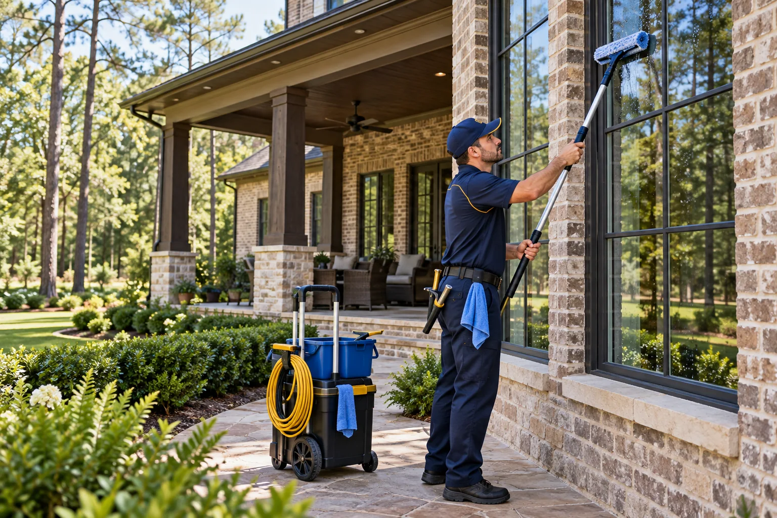 Window Cleaning & Home Services uniformed technician cleaning windows beside a deep covered porch in Magnolia, TX