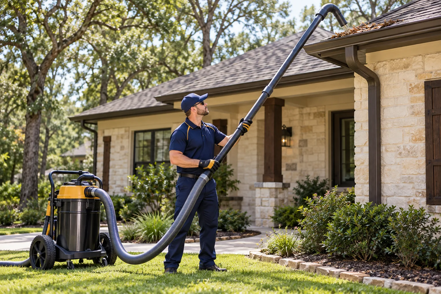 Window Cleaning & Home Services near me — uniformed technician cleaning gutters with a vacuum pole beside leafy trees in Magnolia, TX