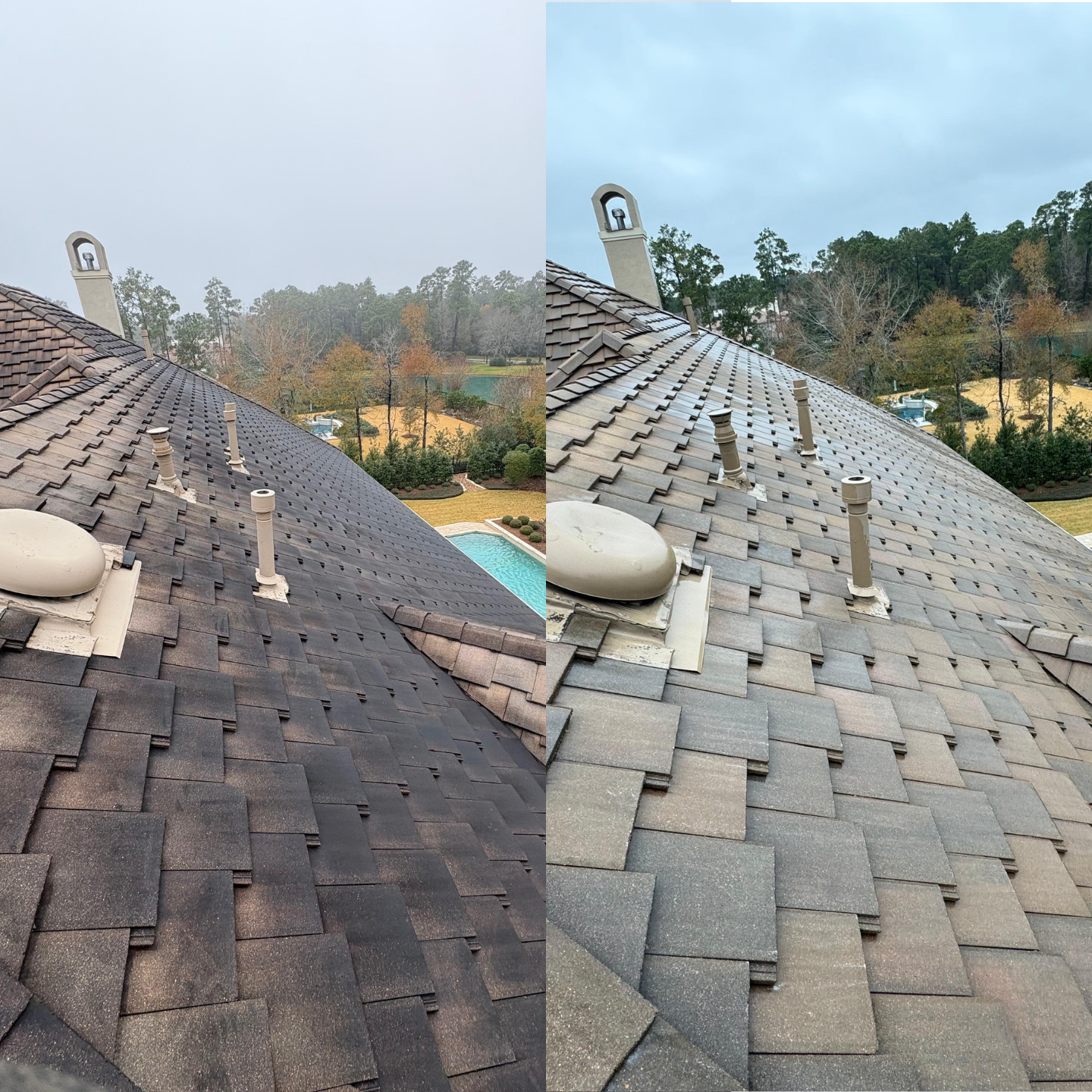 Before and after roof wash comparison showing a dirt-streaked roof restored to clean tile